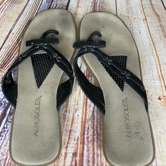 Aerosoles Black Leather Strappy Low Wedge Flip Flop Sandals Sz 7 - Picture 4 of 8